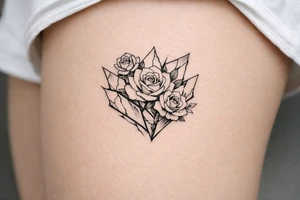 Roses blooming within jagged, shattered mirror shards, sharp edges. tattoo idea