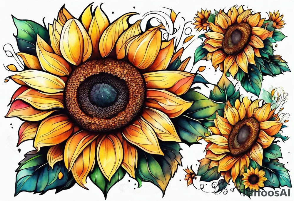 Colorful sunflower arm sleeve tattoo idea