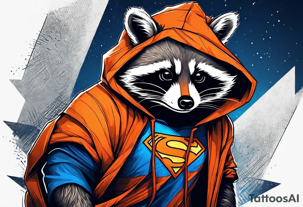 Raccoon wearing an orange Superman hoodie tattoo idea