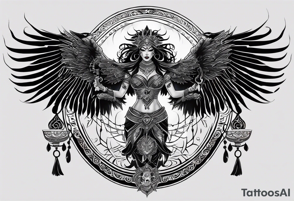 black kali, goddess pirate, alien, angel, pachamama, valkrye, warrior, flying, skull, lotus azul, wing, eagle, zenza resonance, stars, 5D, anahata chakra, death, durga, riding on a tiger, flying lady tattoo idea