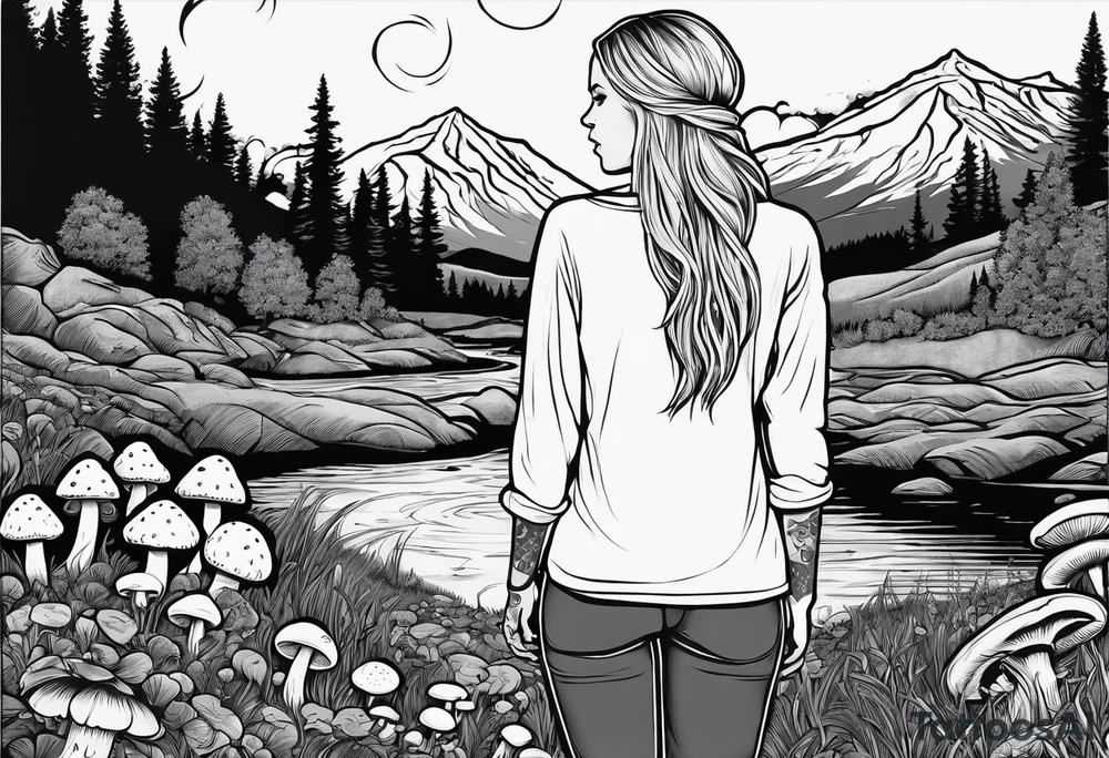 Whole picture encircled fully

Straight long blonde hair hippie girl in distance holding mushrooms in hand facing away toward mountains and creek surrounded by mushrooms long sleeve shirt and hiking pants; whole rendering within a full celtic circle, no cut off circle tattoo idea