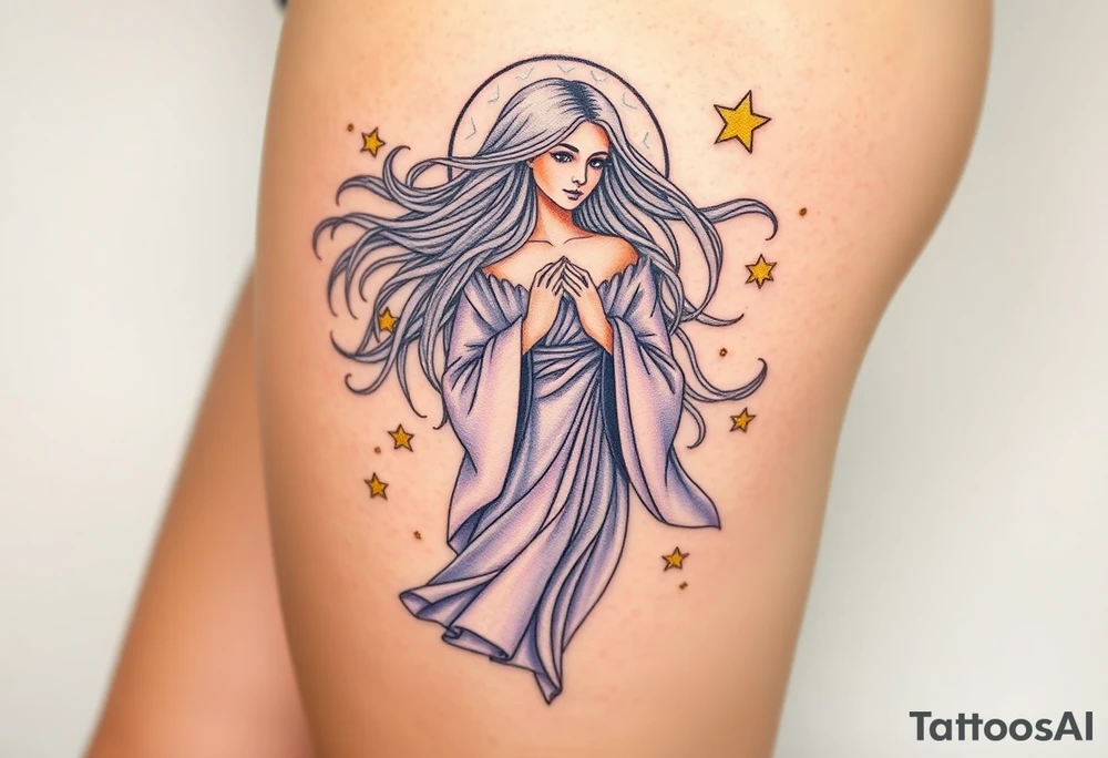 A celestial Virgo goddess with flowing silver hair, dressed in a flowing lavender robe, surrounded by golden stars tattoo idea