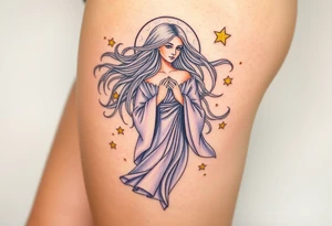A celestial Virgo goddess with flowing silver hair, dressed in a flowing lavender robe, surrounded by golden stars tattoo idea
