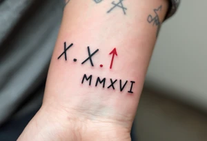 Bold black X.X.MMXVI on the forearm, paired with thin, faded red ink arrows pointing outward from each number. tattoo idea