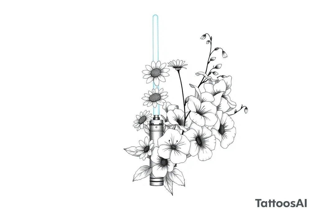 Lightsaber holding daisies, lily of the valley, and morning glories tattoo idea