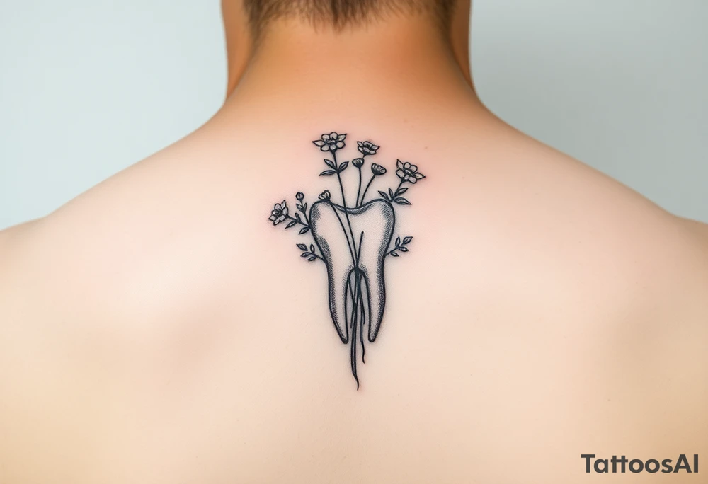 A tooth sprouting small delicate flowers and leaves from its root, fine-line minimalist design tattoo idea