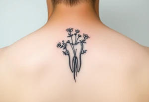 A tooth sprouting small delicate flowers and leaves from its root, fine-line minimalist design tattoo idea