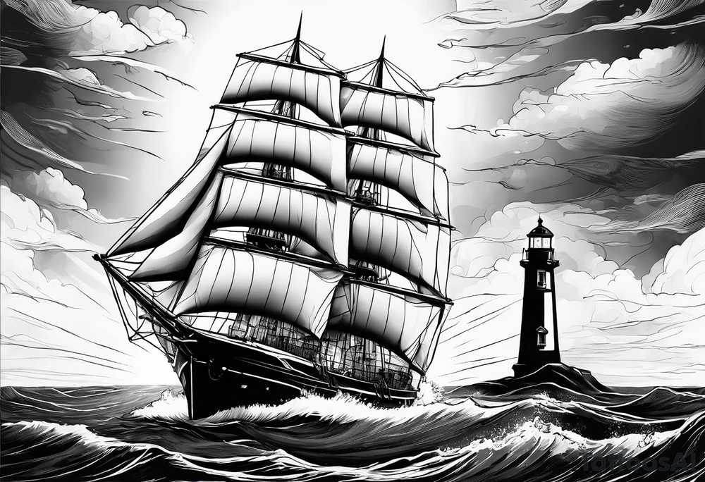 ghost marine lighthouse behind the bow of a sailboat. tattoo idea