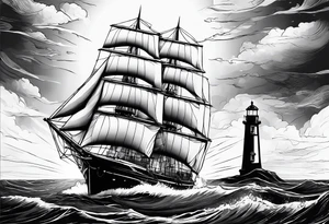ghost marine lighthouse behind the bow of a sailboat. tattoo idea