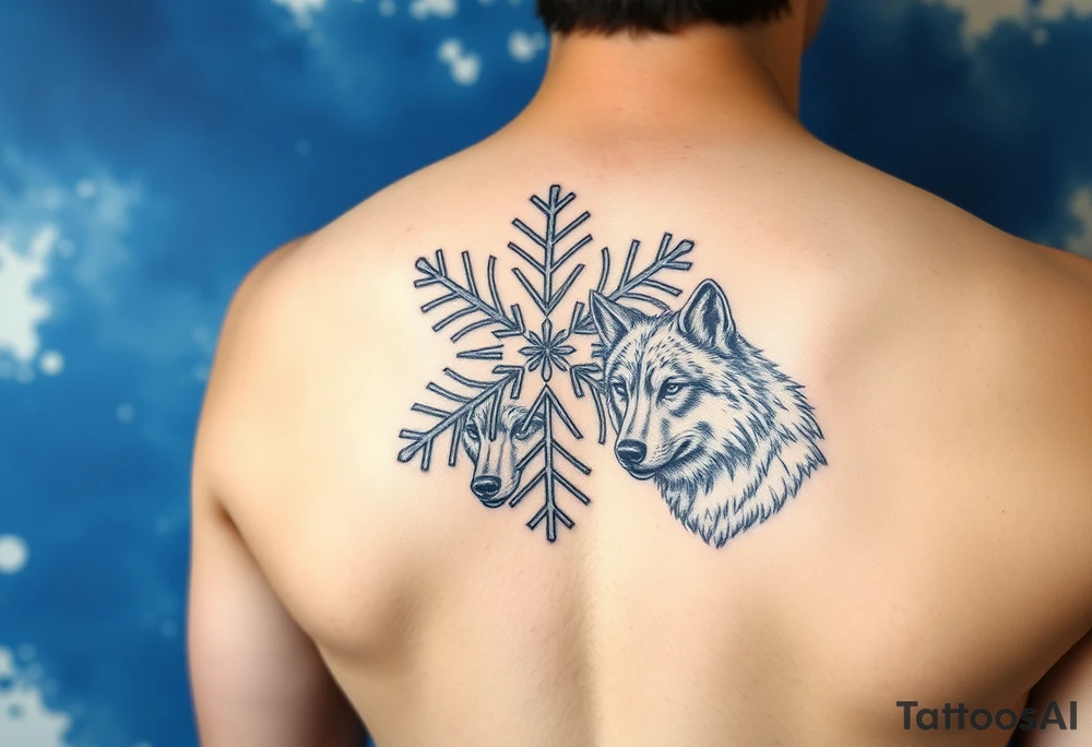 A white snowflake on Blue watercolor backround with two wolf siblings tattoo idea