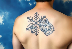 A white snowflake on Blue watercolor backround with two wolf siblings tattoo idea