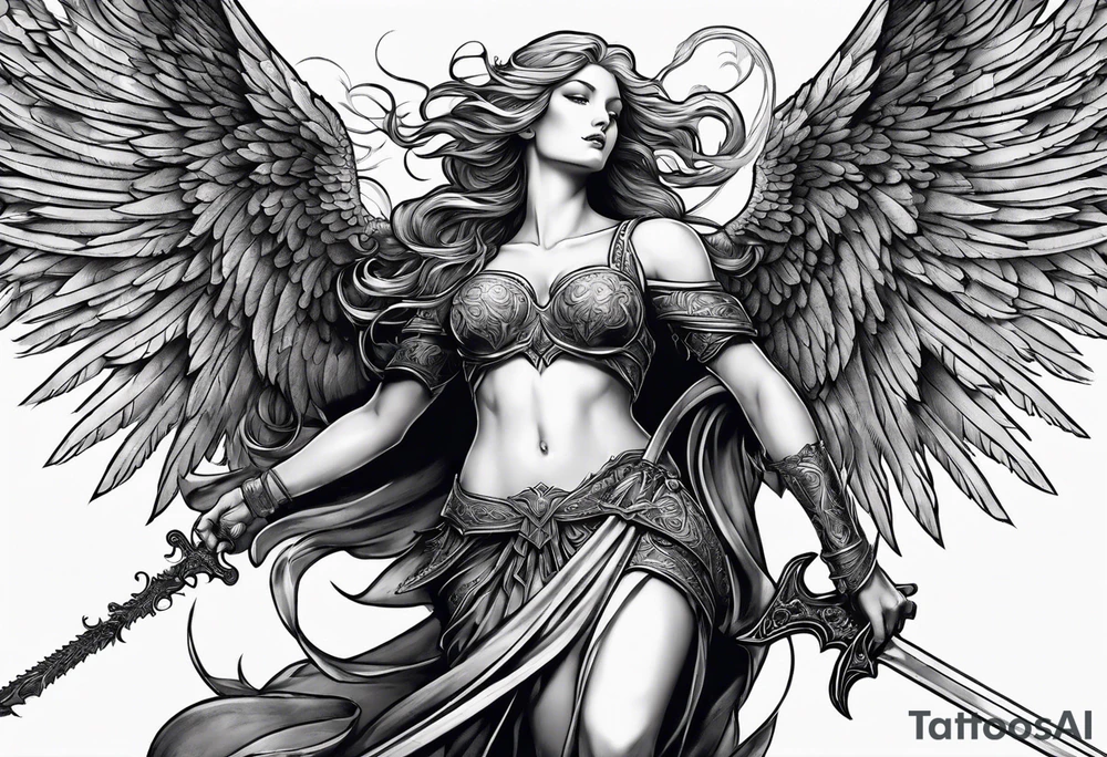 Angel with long sword atop a demon slain in single line tattoo idea