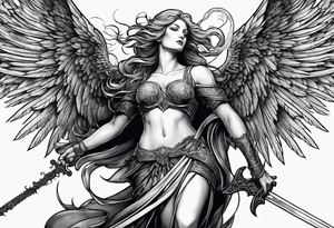 Angel with long sword atop a demon slain in single line tattoo idea