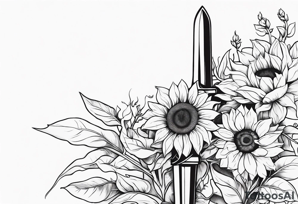 sword with sunflowers and vines covering it tattoo idea