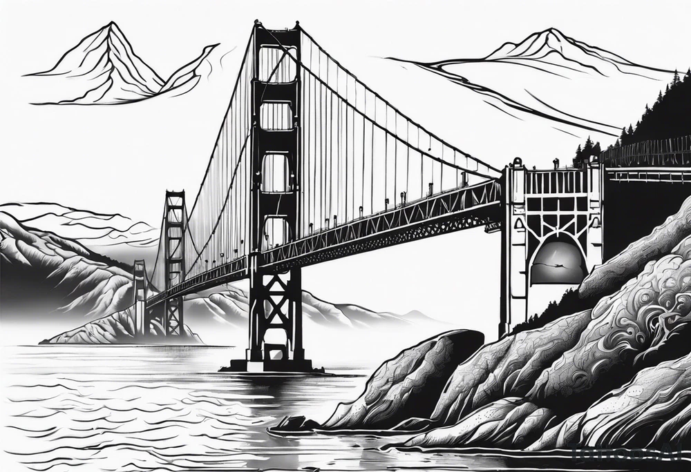 Golden Gate Bridge with fog rolling in with Marin hills in the background tattoo idea