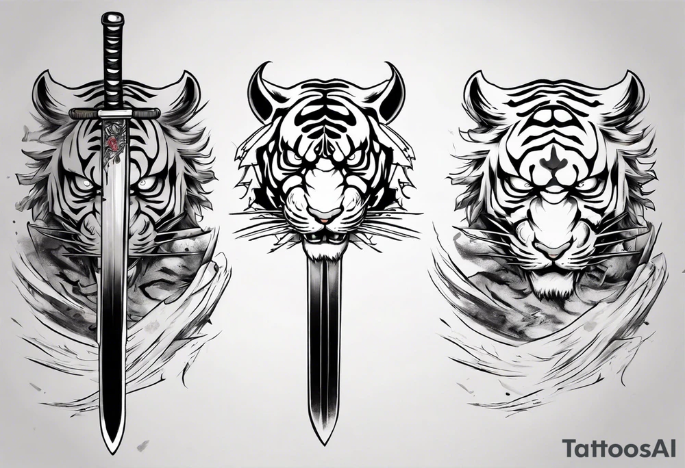 katana through demon tiger head tattoo idea