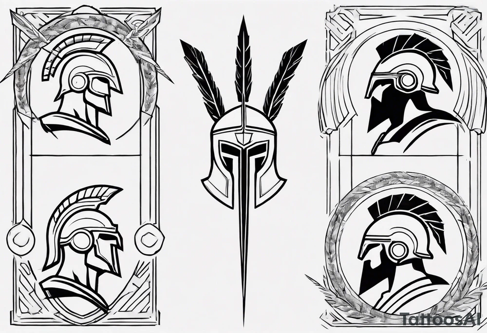 rectangular landscape format ultra-fine line linework vector of a spartan from the side, spartan spear, spartan shield, laurel wreath tattoo idea