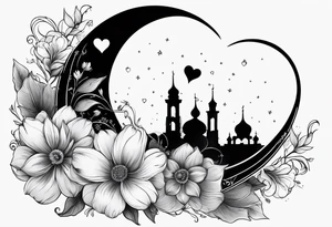 Crescent moon with a heart inside, shrouded by beautiful flowers with wisps of mist - hand tattoo tattoo idea