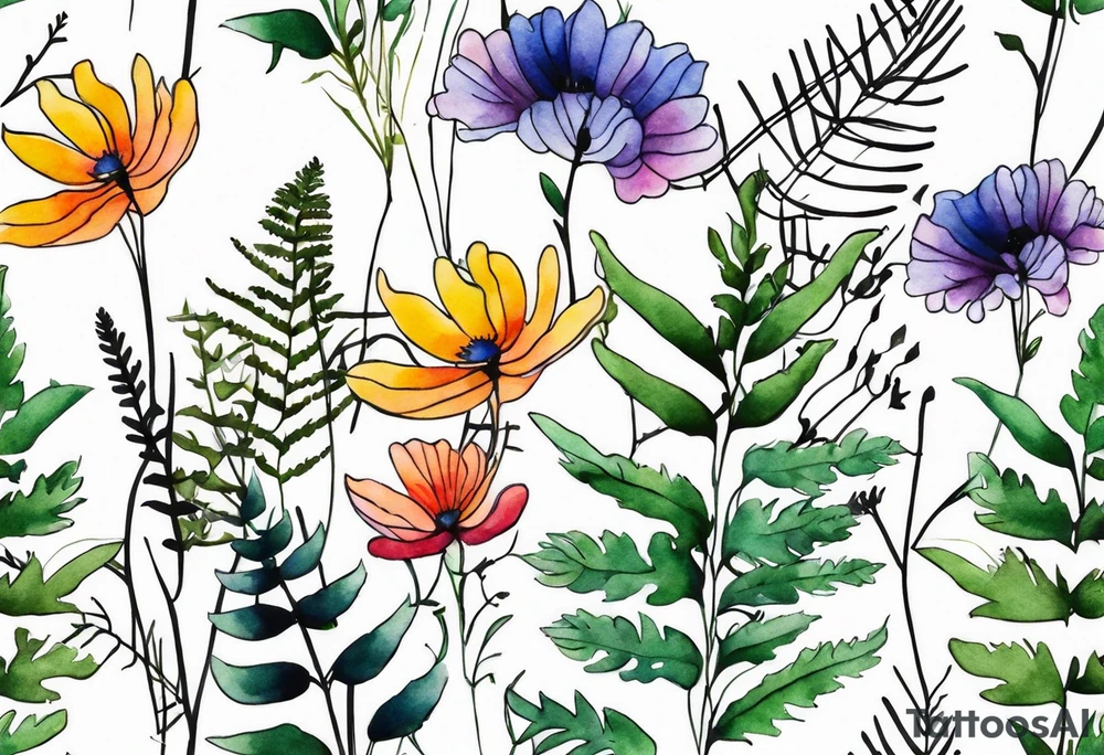 Multi colored wild flowers long stems bouquet with ferns all watercolor tattoo idea