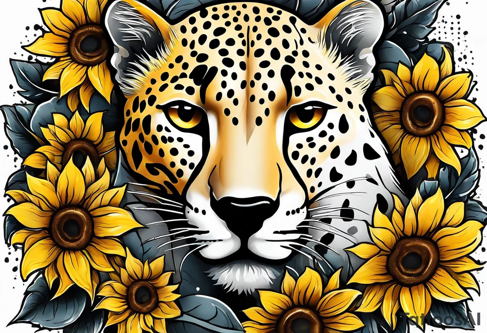 Ripped skin cheetah print with sunflowers tattoo idea