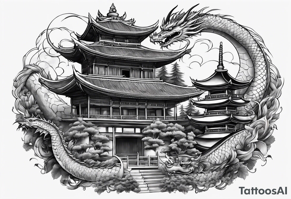 with a dragon coiling around a pagoda tattoo idea