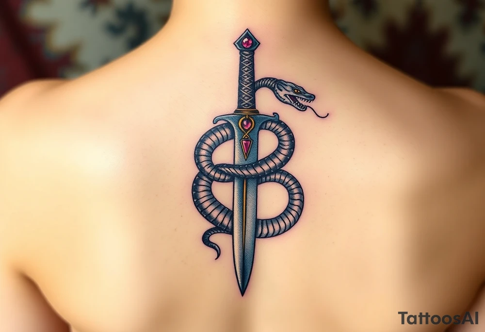 mystical snake coiled around an ancient dagger with jeweled hilt tattoo idea