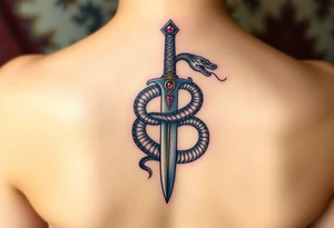 mystical snake coiled around an ancient dagger with jeweled hilt tattoo idea