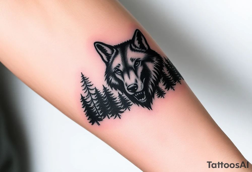 Dark wooded area with a large wolf head over the treeline tattoo idea