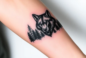 Dark wooded area with a large wolf head over the treeline tattoo idea