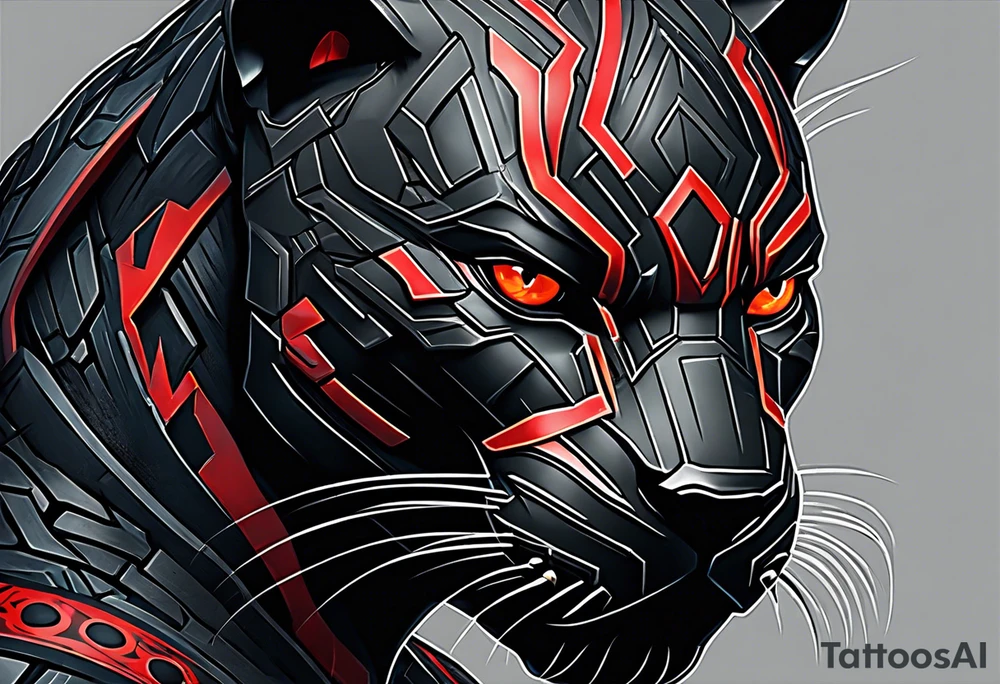 unique black panther tattoo, dynamic pose, showcasing its strength and grace, striking red eyes, intense and captivating elements, artistic flair, blending realism with abstract elements tattoo idea