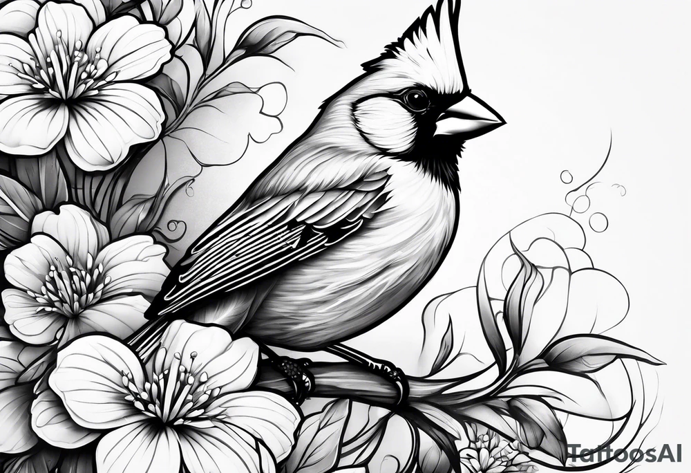 Half sleeve with flowers, cardinal, 2 birds, hiraeth, water tattoo idea