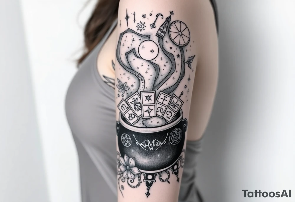 Milky way galaxy filled with zodiac symbols runes tarot cards coming out of a cauldron tattoo idea