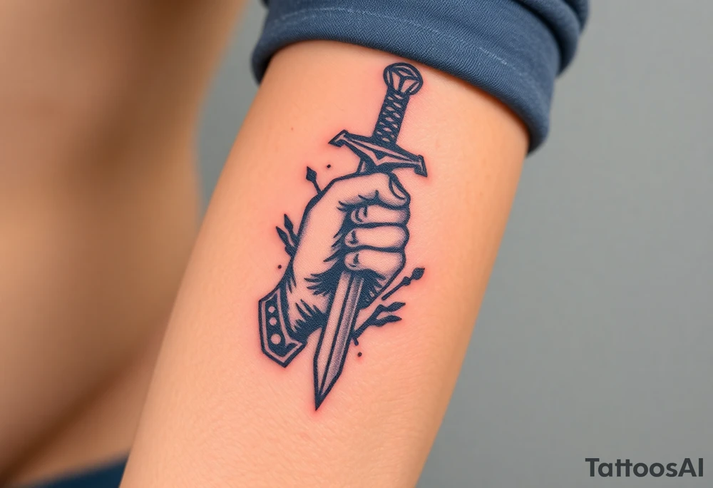 Themis tattoo, bold lines, powerful expression, vivid color, with sword in hand tattoo idea