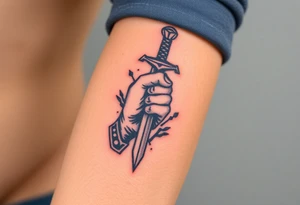 Themis tattoo, bold lines, powerful expression, vivid color, with sword in hand tattoo idea