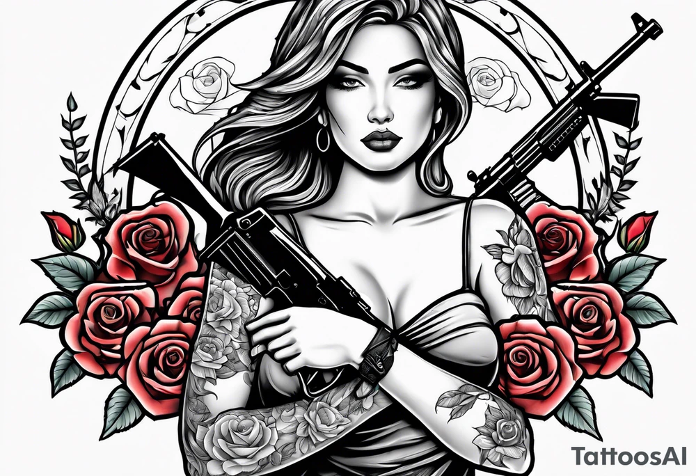Beautiful angle with tattoos surrounded by roses holding a ak 47 tattoo idea