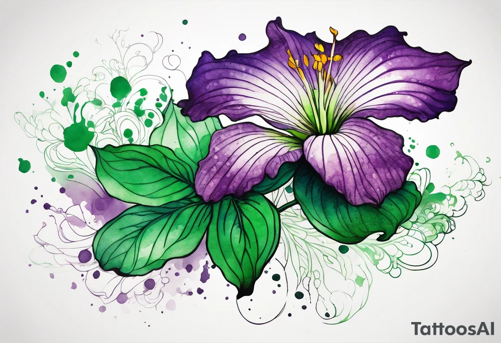 An outline of a green rio dipladenia flower and a green and purple watercolor splash in the background tattoo idea