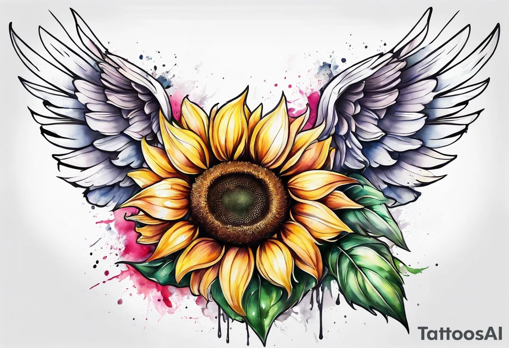 Sunflower and angel wings sleeve tattoo idea