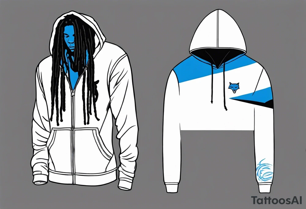 black well built teen with with a grey hoodie on and blue jeans with long dreads turning into a blue wildcat in various spots on his body. I want his hoodie appear as if its been ripped in random places from the inside with I Carolina blue football jersey showing underneath that reads Camden tattoo idea