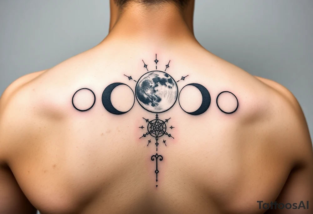 5 moon phases going vertical in this order waxing crescent, third quarter phase, full moon, first quarter phase, third quarter phase with the Capricorn constellation without connecting lines just the stars behind it tattoo idea