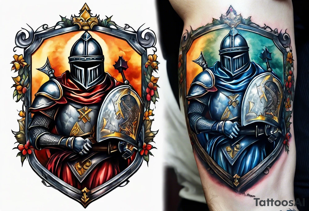 a knight with a bible on his shield tattoo idea