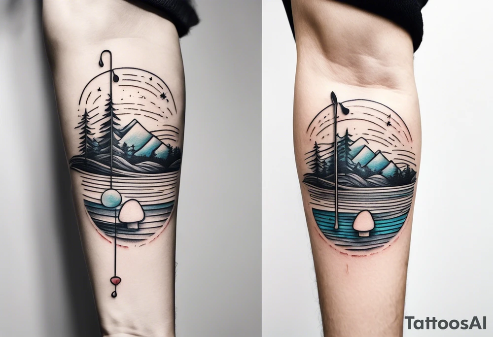 lots of empty space with simple line of icons down the back of the arm. there are four icons in this order:

1. a music note on a staff
2. a wave of water
3. a pocket
4. mushroom tattoo idea