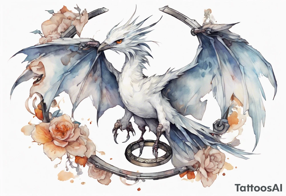 a white bird-wyvern hybrid, wearing an iron halo, perched on a stone tattoo idea