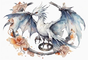 a white bird-wyvern hybrid, wearing an iron halo, perched on a stone tattoo idea