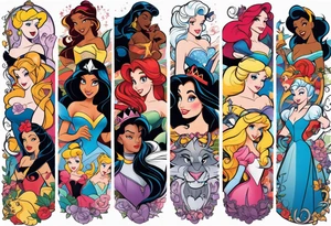 Disney princesses and Disney villains mixed together on an arm sleeve tattoo idea