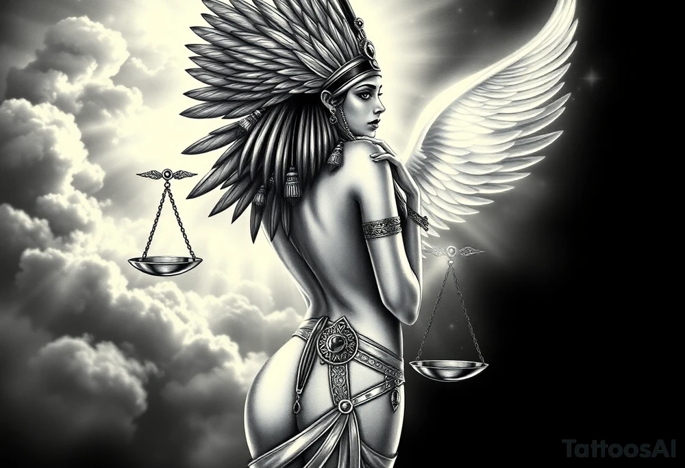 Sexy Egyptian goddess with a curvy body, slightly turned So you can see her ass. She is wearing an ostrich feather headdress, and intricate ancient Egyptian jewelry. Background includes something similar to heaven. Incorporate the Scales of Justice—one side holding a heart, the other Ma’at’s feather—glowing with ethereal energy. Emphasize dramatic lighting, deep shadows, and surreal, mystical atmosphere tattoo idea