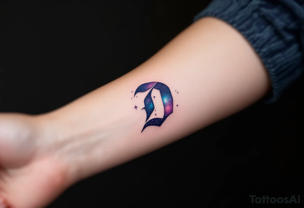 D – A space-themed D filled with deep purples, blues, and scattered white stars, like a slice of a night sky. tattoo idea