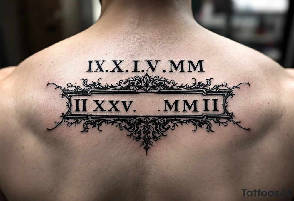 Roman numeral dates IX.IX.MM and II.XXV.MMII with a space between them in a balanced and symmetrical layout, along with the number 224 tattoo idea