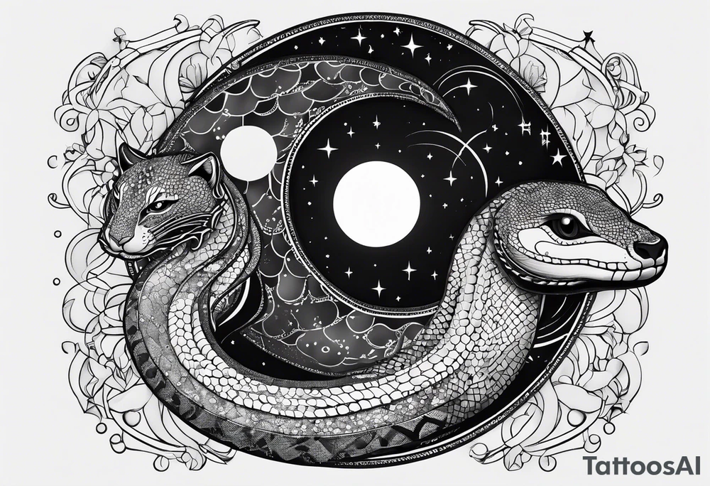 Fine line snake, moon phases, constellations tattoo idea