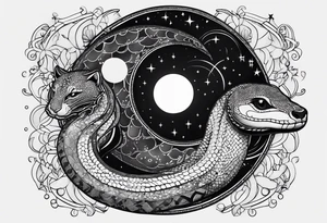 Fine line snake, moon phases, constellations tattoo idea
