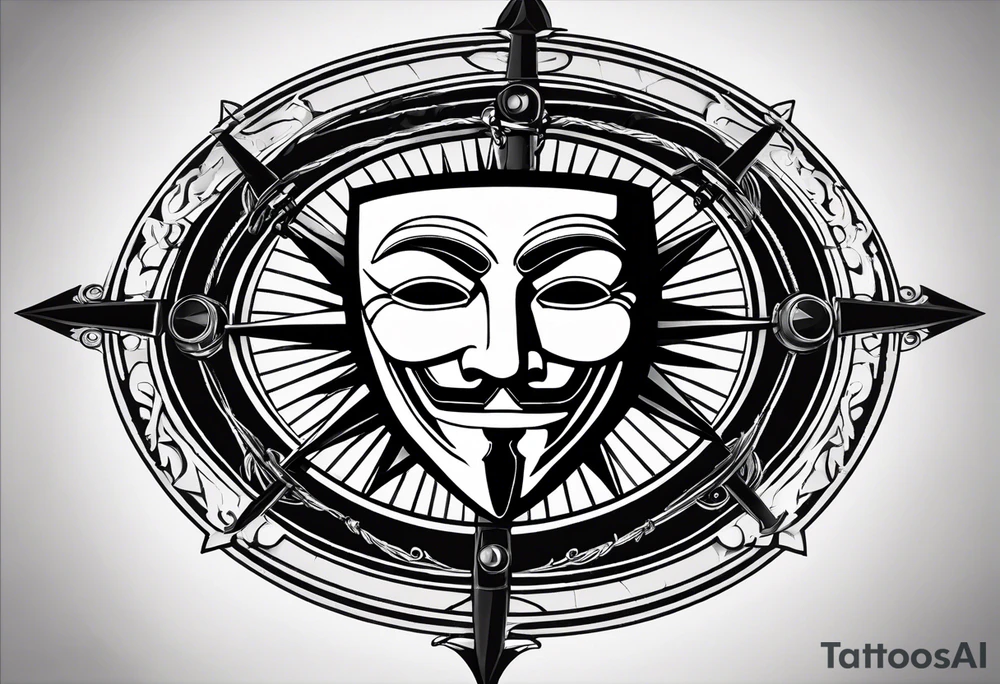 Centered v for vendetta, mask only. No hat.   Vintage compass surround. Crossed fencing swords. Pop art tattoo idea